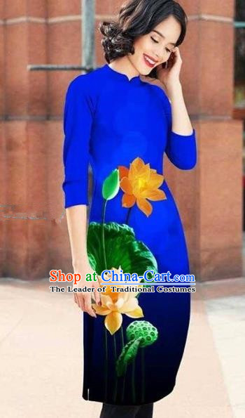 Traditional Top Grade Asian Vietnamese Costumes Classical Printing Lotus Cheongsam, Vietnam National Royalblue Short Ao Dai Dress for Women