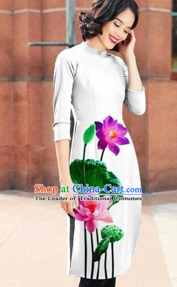 Traditional Top Grade Asian Vietnamese Costumes Classical Printing Lotus Cheongsam, Vietnam National White Short Ao Dai Dress for Women