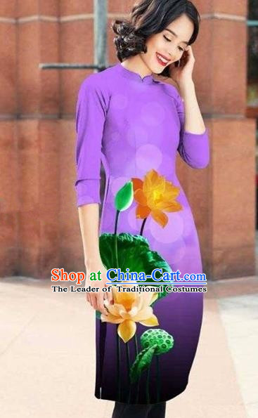 Traditional Top Grade Asian Vietnamese Costumes Classical Printing Lotus Cheongsam, Vietnam National Light Violet Short Ao Dai Dress for Women