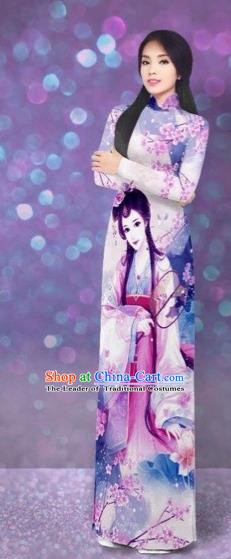 Traditional Top Grade Asian Vietnamese Costumes Classical Printing Beauty Cheongsam, Vietnam National Lilac Ao Dai Dress for Women