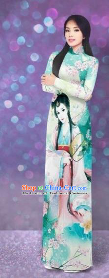 Traditional Top Grade Asian Vietnamese Costumes Classical Printing Beauty Cheongsam, Vietnam National Green Ao Dai Dress for Women