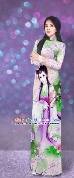 Traditional Top Grade Asian Vietnamese Costumes Classical Printing Beauty Cheongsam, Vietnam National Ao Dai Dress for Women
