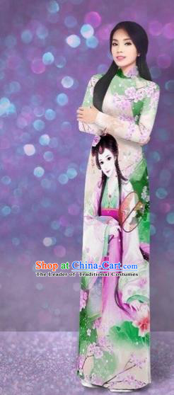 Traditional Top Grade Asian Vietnamese Costumes Classical Printing Beauty Cheongsam, Vietnam National Ao Dai Dress for Women