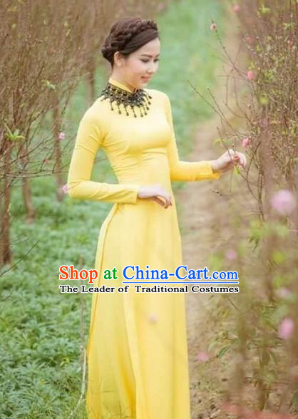 Traditional Top Grade Asian Vietnamese Costumes Classical Wedding Bride Cheongsam, Vietnam National Yellow Ao Dai Dress for Women