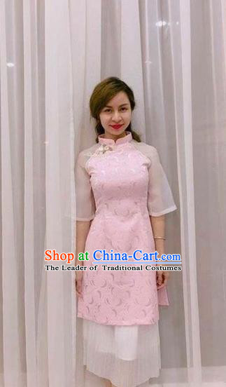 Traditional Top Grade Asian Vietnamese Costumes Classical Wedding Bride Pink Cheongsam, Vietnam National Ao Dai Dress for Women