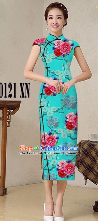 Traditional Top Grade Chinese Costumes Classical Catwalks Printing Princess Cheongsam, China National Blue Chi-pao Dress for Women