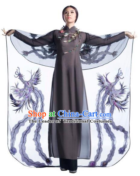 Traditional Top Grade Asian Vietnamese Costumes Classical Catwalks Deep Grey Cheongsam, Vietnam National Ao Dai Dress for Women