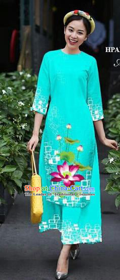 Traditional Top Grade Asian Vietnamese Costumes Classical Catwalks Printing Lotus Cheongsam, Vietnam National Light Blue Ao Dai Dress for Women