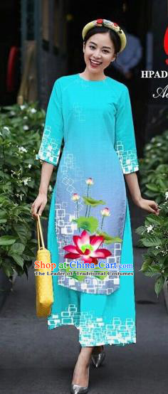 Traditional Top Grade Asian Vietnamese Costumes Classical Catwalks Printing Lotus Cheongsam, Vietnam National Lake Blue Ao Dai Dress for Women