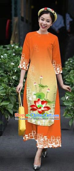Traditional Top Grade Asian Vietnamese Costumes Classical Catwalks Printing Lotus Cheongsam, Vietnam National Orange Ao Dai Dress for Women