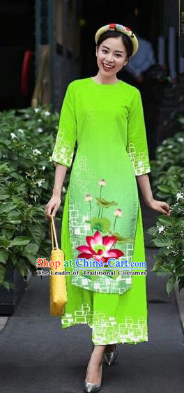 Traditional Top Grade Asian Vietnamese Costumes Classical Catwalks Printing Lotus Cheongsam, Vietnam National Green Ao Dai Dress for Women