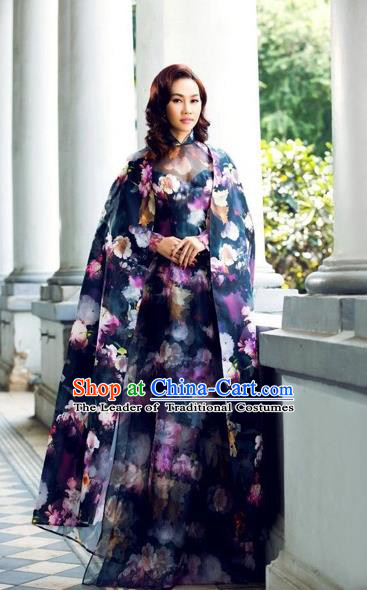 Traditional Top Grade Asian Vietnamese Costumes Classical Catwalks Cheongsam with Cloak, Vietnam National Grey Ao Dai Dress for Women