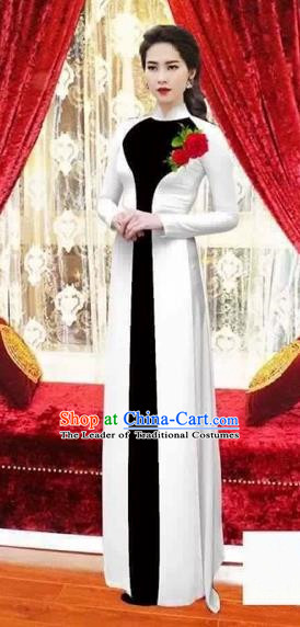 Traditional Top Grade Asian Vietnamese Costumes Classical Wedding Bride Toast Cheongsam, Vietnam National Princess Matching White Ao Dai Dress for Women