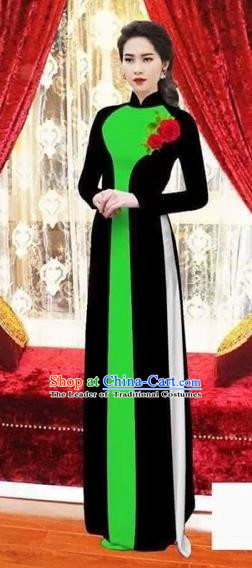 Traditional Top Grade Asian Vietnamese Costumes Classical Wedding Bride Toast Cheongsam, Vietnam National Princess Matching Black Printing  Ao Dai Dress for Women