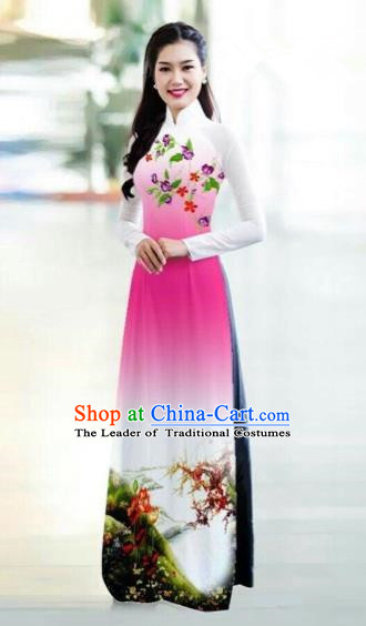 Traditional Top Grade Asian Vietnamese Costumes Classical Printing Bride Toast Cheongsam, Vietnam National Princess Pink Ao Dai Dress for Women