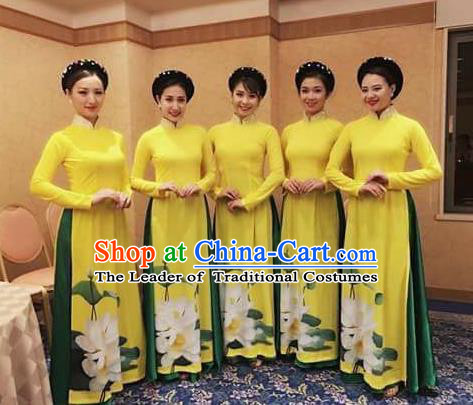 Traditional Top Grade Asian Vietnamese Costumes Classical Bridesmaid Wedding Cheongsam, Vietnam National Yellow Printing Ao Dai Dress for Women