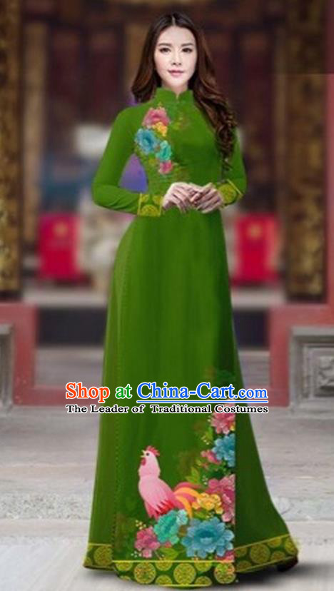 Traditional Top Grade Asian Vietnamese Costumes Classical Rooster Year Cheongsam, Vietnam National Ao Dai Dress Princess Green Full Dress for Women