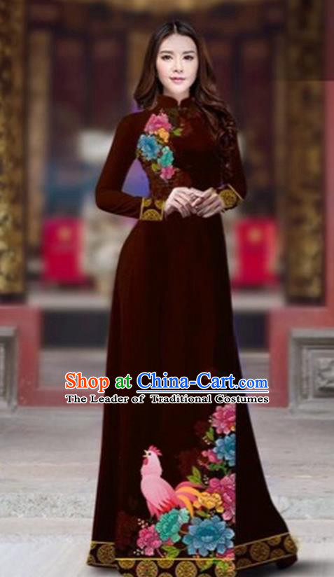 Traditional Top Grade Asian Vietnamese Costumes Classical Rooster Year Cheongsam, Vietnam National Ao Dai Dress Princess Purplish Red Full Dress for Women