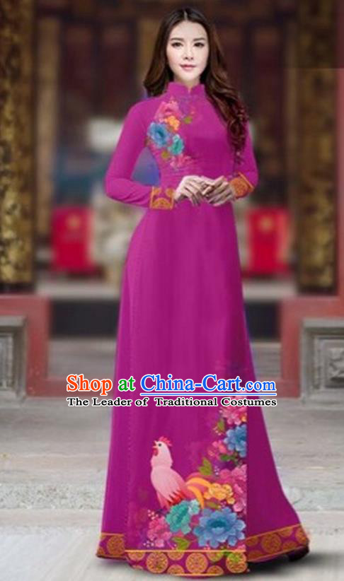 Traditional Top Grade Asian Vietnamese Costumes Classical Rooster Year Cheongsam, Vietnam National Ao Dai Dress Princess Rosy Full Dress for Women