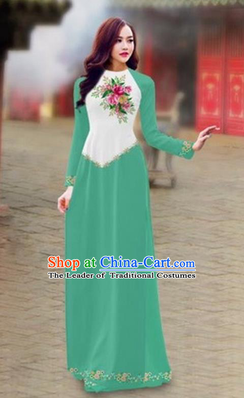 Traditional Top Grade Asian Vietnamese Costumes Classical Color Matching Cheongsam, Vietnam National Ao Dai Dress Printing Light Green Full Dress for Women