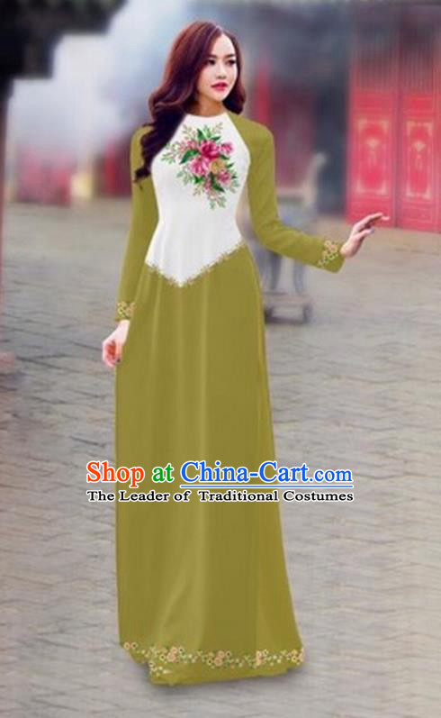 Traditional Top Grade Asian Vietnamese Costumes Classical Color Matching Cheongsam, Vietnam National Ao Dai Dress Printing Grass Green Full Dress for Women