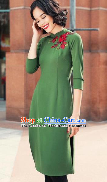 Traditional Top Grade Asian Vietnamese Costumes Classical Short Cheongsam, Vietnam National Ao Dai Dress Wedding Bride Green Full Dress for Women