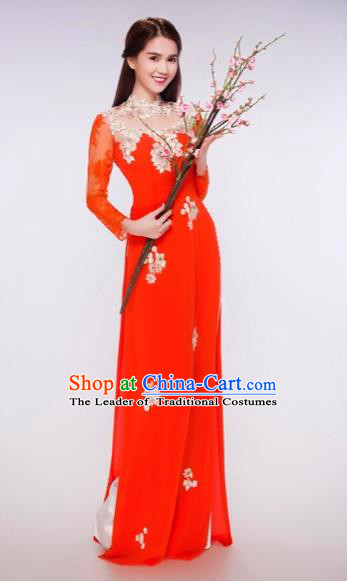 Traditional Top Grade Asian Vietnamese Costumes Classical Bride Wedding Cheongsam, Vietnam National Red Ao Dai Dress for Women