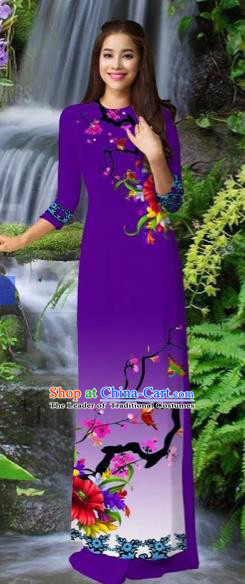 Traditional Top Grade Asian Vietnamese Costumes Classical Purple Cheongsam, Vietnam National Printing Ao Dai Dress for Women