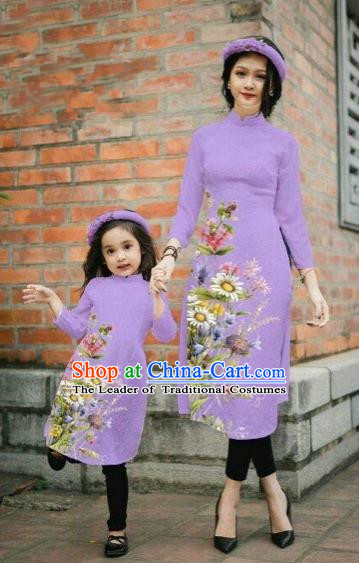 Traditional Top Grade Asian Vietnamese Costumes Classical Printing Daisy Flowers Purple Cheongsam, Vietnam National Mother-daughter Ao Dai Dress for Women for Kids