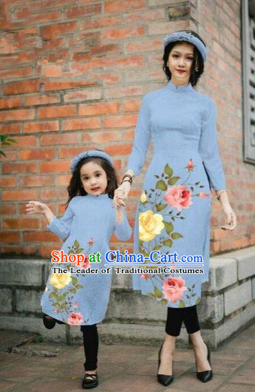 Traditional Top Grade Asian Vietnamese Costumes Classical Printing China Rose Flowers Dusty Blue Cheongsam, Vietnam National Mother-daughter Ao Dai Dress for Women for Kids