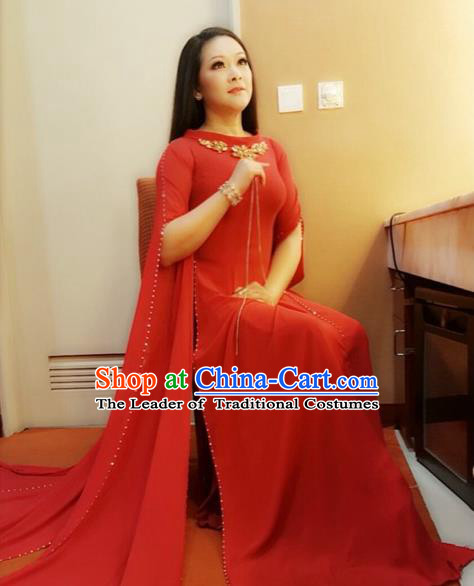 Traditional Top Grade Asian Vietnamese Costumes Classical Red Cheongsam, Vietnam National Bride Ao Dai Dress for Women