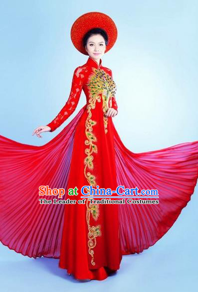 Traditional Top Grade Asian Vietnamese Costumes Classical Queen Red Cheongsam, Vietnam National Bride Pleuche Ao Dai Dress for Women
