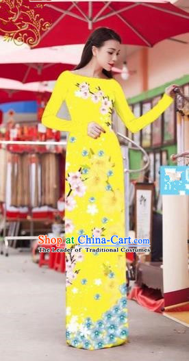 Traditional Top Grade Asian Vietnamese Costumes Classical Princess Printing Cheongsam, Vietnam National Bride Yellow Ao Dai Dress for Women