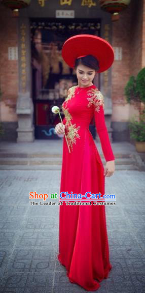 Traditional Top Grade Asian Vietnamese Costumes Classical Princess Red Cheongsam, Vietnam National Bride Wedding Ao Dai Dress for Women