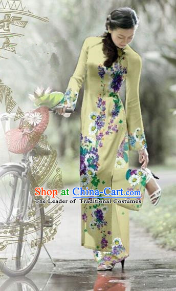 Traditional Top Grade Asian Vietnamese Costumes Classical Printing Green Cheongsam, Vietnam National Vietnamese Bride Ao Dai Dress for Women