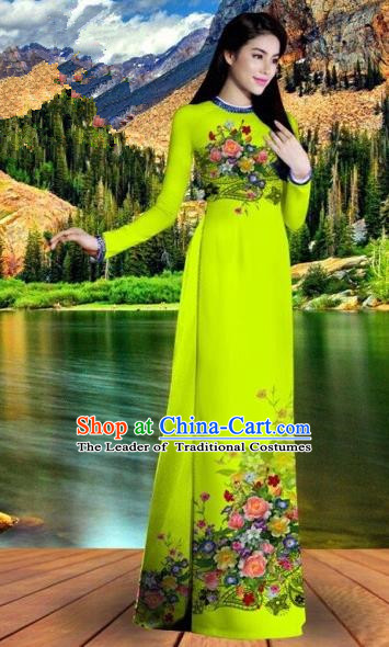 Traditional Top Grade Asian Vietnamese Costumes Classical Printing Bright Green Cheongsam, Vietnam National Vietnamese Bride Ao Dai Dress for Women