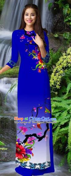 Traditional Top Grade Asian Vietnamese Costumes Classical Royallue Cheongsam, Vietnam National Printing Ao Dai Dress for Women