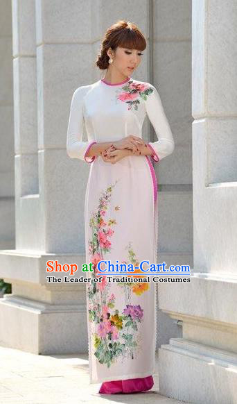 Traditional Top Grade Asian Vietnamese Costumes Classical Printing White Cheongsam, Vietnam National Vietnamese Bride Ao Dai Dress for Women