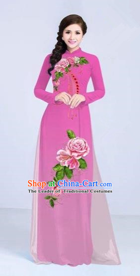 Traditional Top Grade Asian Vietnamese Costumes Classical Printing Flowers Cheongsam Dance Clothing, Vietnam National Vietnamese Bride Pink Ao Dai Dress for Women