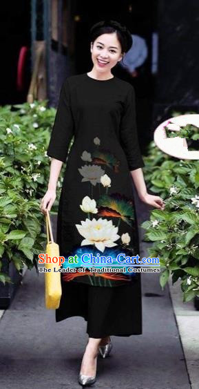 Traditional Top Grade Asian Vietnamese Costumes Classical 3D Printing Flowers Cheongsam Dance Clothing, Vietnam National Vietnamese Black Ao Dai Dress for Women