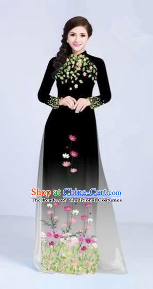 Traditional Top Grade Asian Vietnamese Costumes Classical Painting Flowers Cheongsam, Vietnam National Vietnamese Young Lady Black Ao Dai Dress