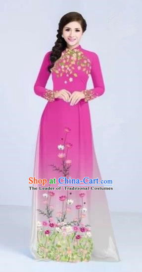 Traditional Top Grade Asian Vietnamese Costumes Classical Painting Flowers Cheongsam, Vietnam National Vietnamese Young Lady Pink Ao Dai Dress