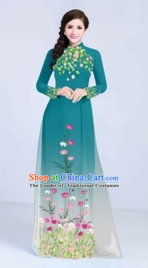 Traditional Top Grade Asian Vietnamese Costumes Classical Painting Flowers Cheongsam, Vietnam National Vietnamese Young Lady Peacock Blue Ao Dai Dress