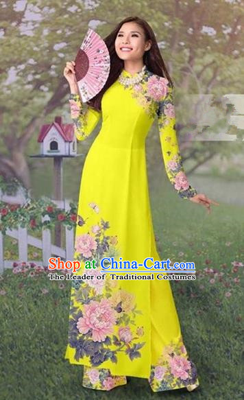 Traditional Top Grade Asian Vietnamese Costumes Classical Painting Cheongsam, Vietnam National Vietnamese Young Lady Ao Dai Dress and Loose Pants Complete Set