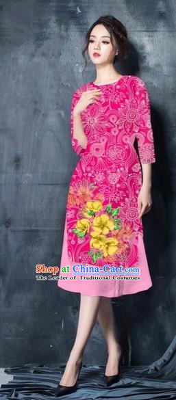 Traditional Top Grade Asian Vietnamese Costumes Classical Painting Short Pink Cheongsam, Vietnam National Vietnamese Young Lady Ao Dai Dress