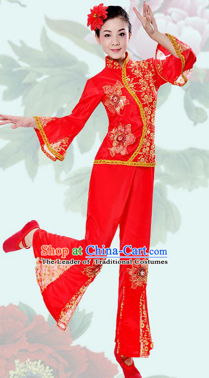 Traditional Chinese Classical Dance Yangge Fan Dancing Costume, Folk Dance Drum Dance Uniforms Yangko Red Clothing Set for Women