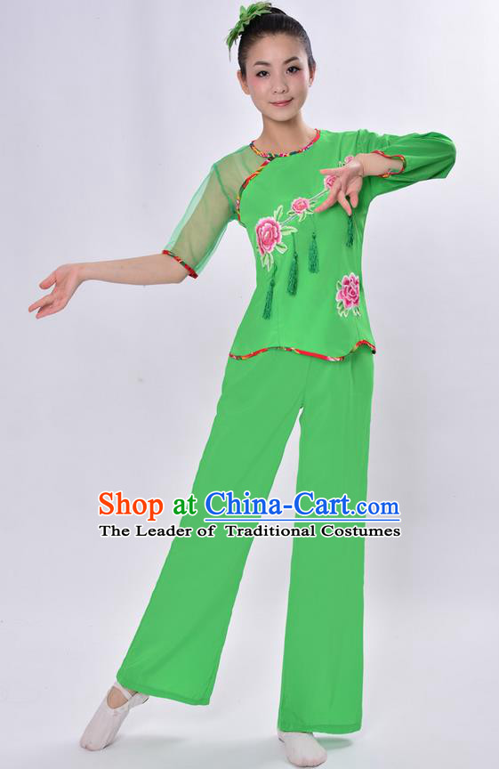 Traditional Chinese Classical Dance Yangge Fan Dancing Costume, Folk Dance Drum Dance Uniforms Yangko Green Clothing Set for Women