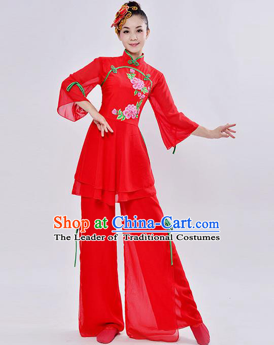 Traditional Chinese Classical Dance Yangge Fan Dancing Costume, Folk Dance Drum Dance Flared Uniforms Yangko Red Clothing for Women