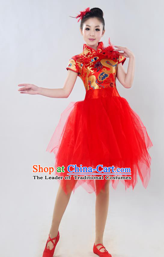 Traditional Chinese Classical Dance Yangge Fan Dance Costume, Folk Dance Drum Dance Uniform Yangko Red Bubble Dress for Women