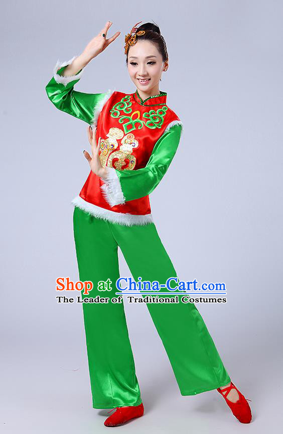 Traditional Chinese Classical Dance Yangge Fan Dancing Costume, Folk Dance Drum Dance Fur Uniforms Yangko Red Blouse and Green Pants for Women